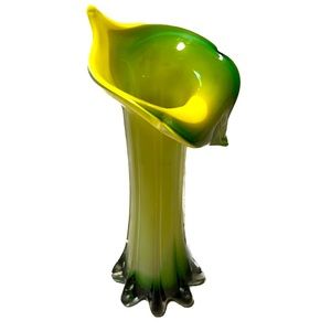 Murano Style Glass Calla Lilly Vase- 1 1/2” Green Yellow White